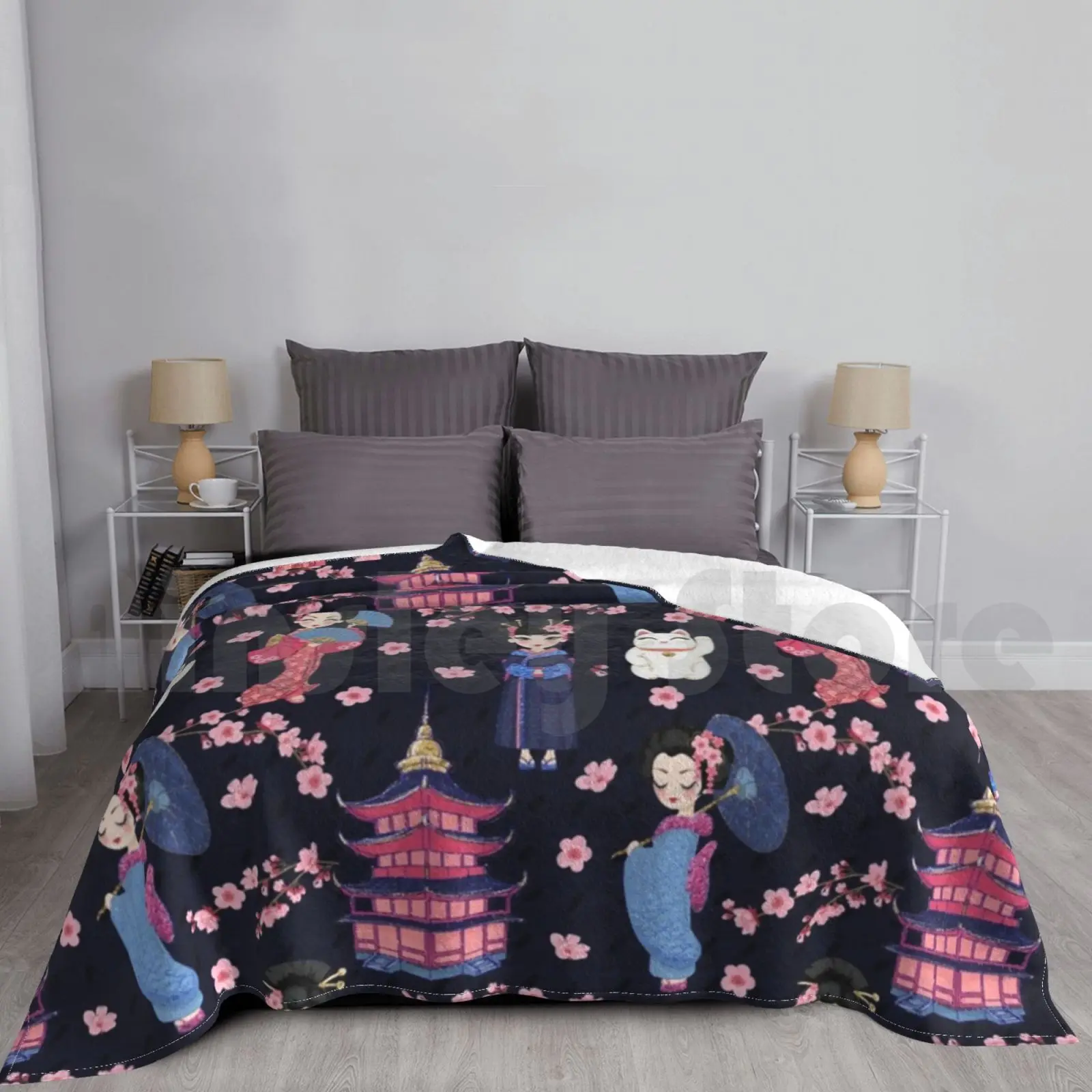 Apanese Dolls Navy Blanket For Sofa Bed Travel Japanese Cherry Blossom Pagoda Japanese Cat Geisha Geisha Dolls