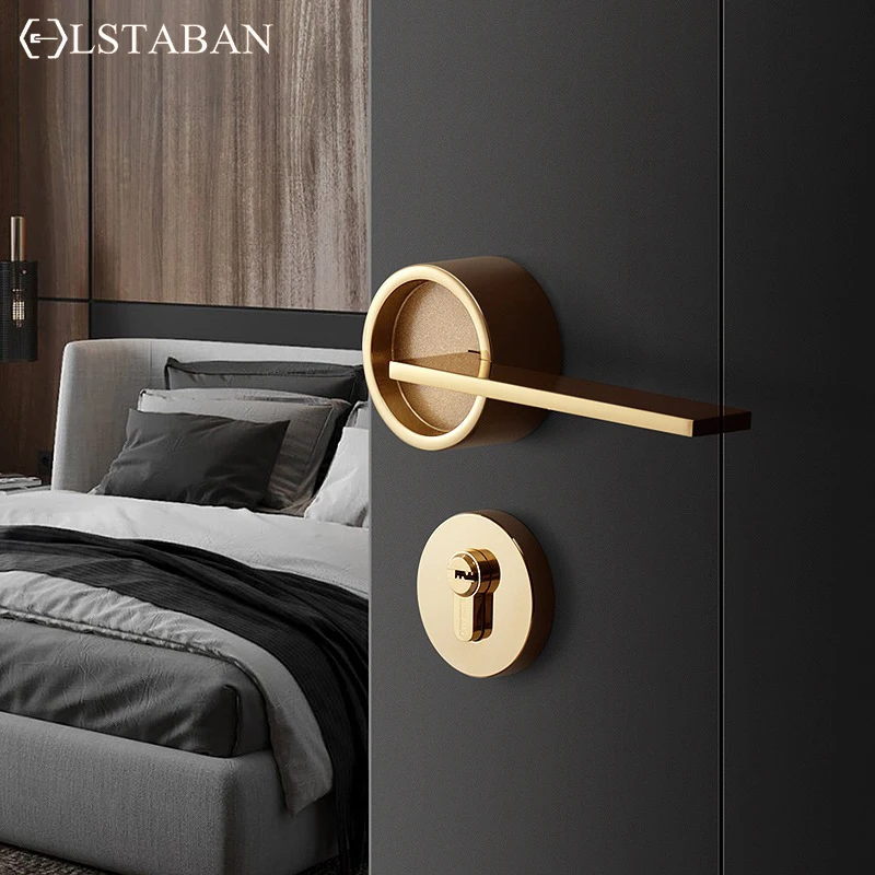 LSTABAN Simple Golden Split Lock Zinc Alloy Indoor Wooden Door Lock Magnetic Mute Bedroom Door Lock Universal Handle Lock