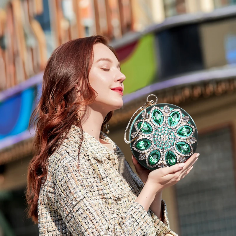 Green Clutch Bag Women Round Clutch Purse Evening Bag Crystal Wedding Purse and Handbag Exquisite Chain Shoulder Bag ZD1244