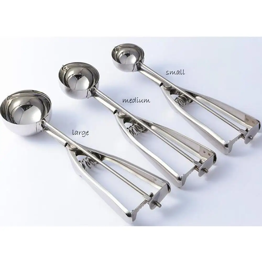 27 New Kitchen Ice Cream Mash Potato Scoop Stainless Steel Spoon Spring Handle Kitchen Accessories Wholesale 3 size for choose