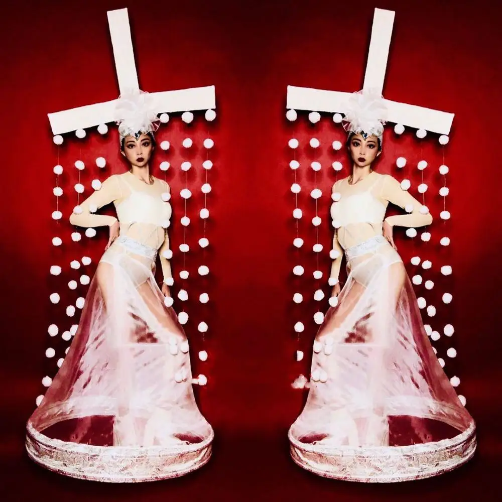 

Nightclub stage show dance costume white dress headress gogo clothing women party performance costumes
