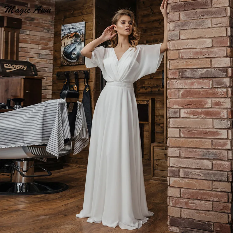 

Magic Awn Boho Wedding Dresses 2022 For Women Chiffon Short Sleeves Illusion Backless Simle A-Line Bridal Gowns Vestidos Novia