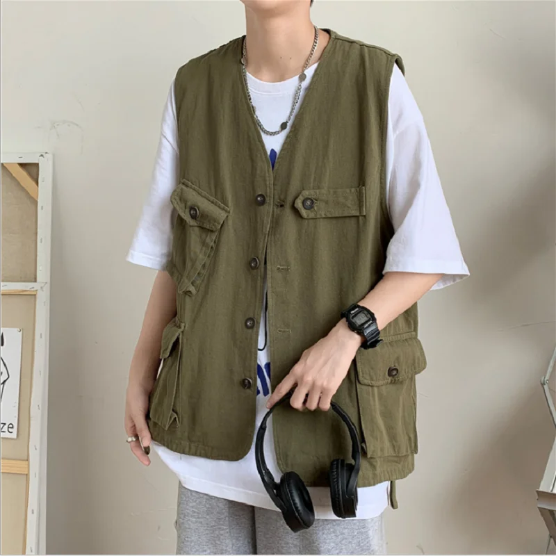 2021 Harajuku Mannen Mouwloze Schouder Vest Mannen Japanse Multi-Pocket Overjas Mannen Vest