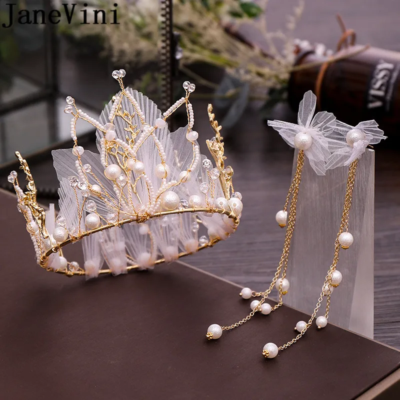 JaneVini Boho Pearls Round Princess Bride Crown and Earrings Set Luxury Gold Beaded Crystal Bridal Headwear Wedding Accessories