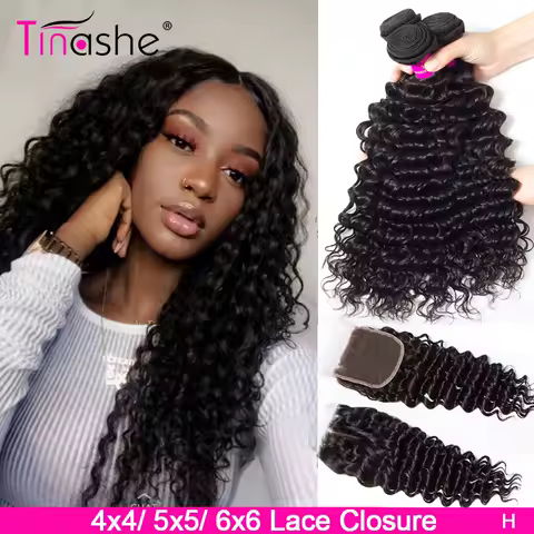 Tinashe Deep Wave Bundles With Closure 4x4 5x5 Lace Closure And Bundles Remy Brazilian Human Hair Weave 3 Bundles With Closure