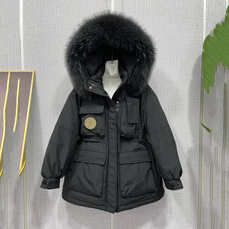 Women\'s Winter New Cotton-Padded Jacket Fur Collar Loose Pocket Loose Mid-length Parka Women Winter Big Fur Pocket Coat Female