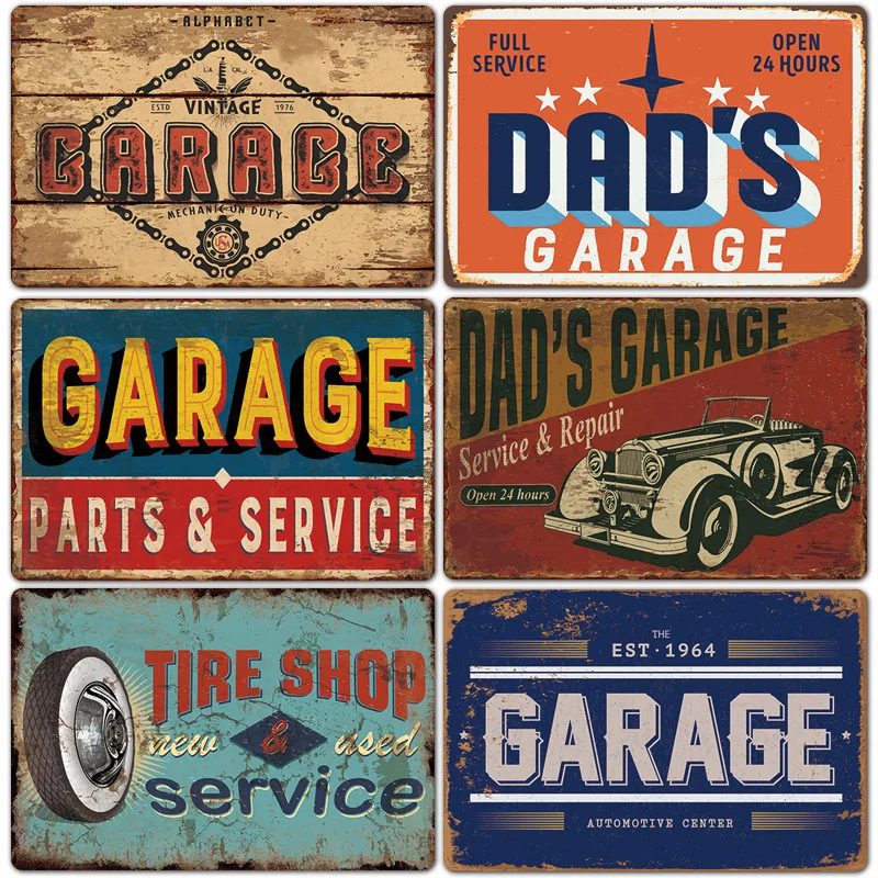 Dad\'s Garage Metal Tin Signs Poster Vintage Route 66 Car Metal Tinplate Retro Plaque Garage Tire Shop Wall Art Decor 20x30cm