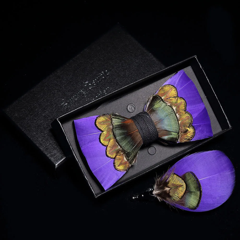 GUSLESON Original Design Mens Handmade Natural Feather Bow Tie Quality Pre-tied Bowtie For Wedding Party With Gift Box