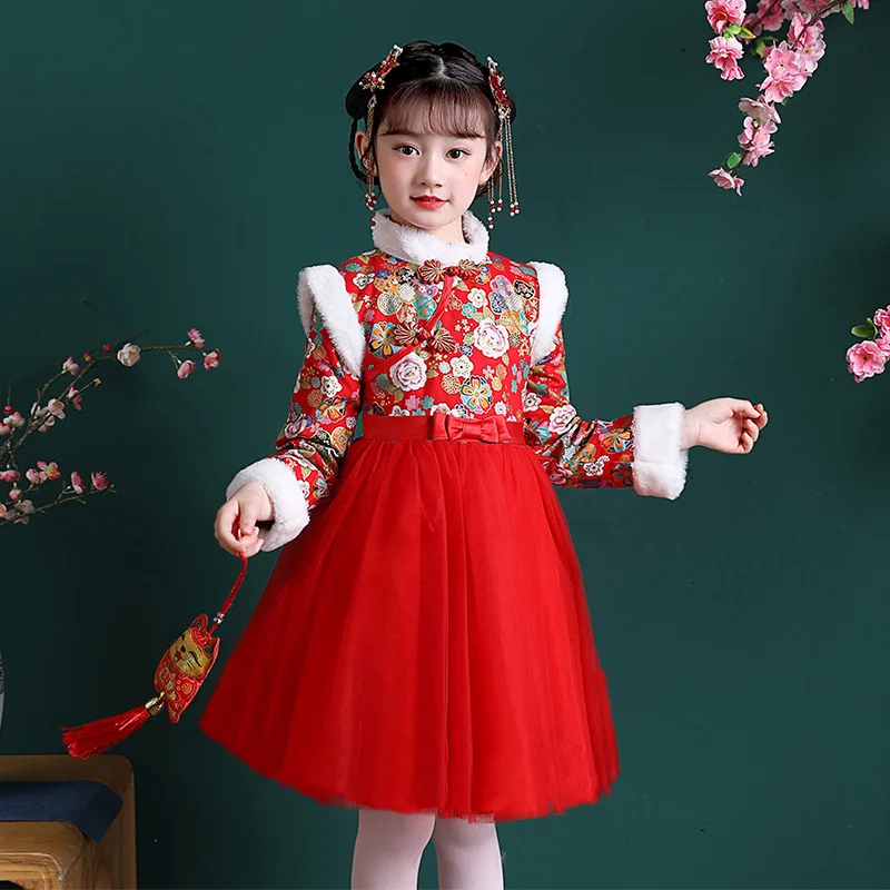 

Girl Autumn Winter New Thick Chinese Style Hanfu Party Evening Performance Princess Dress New Year Greeting Vestido Cheongsam