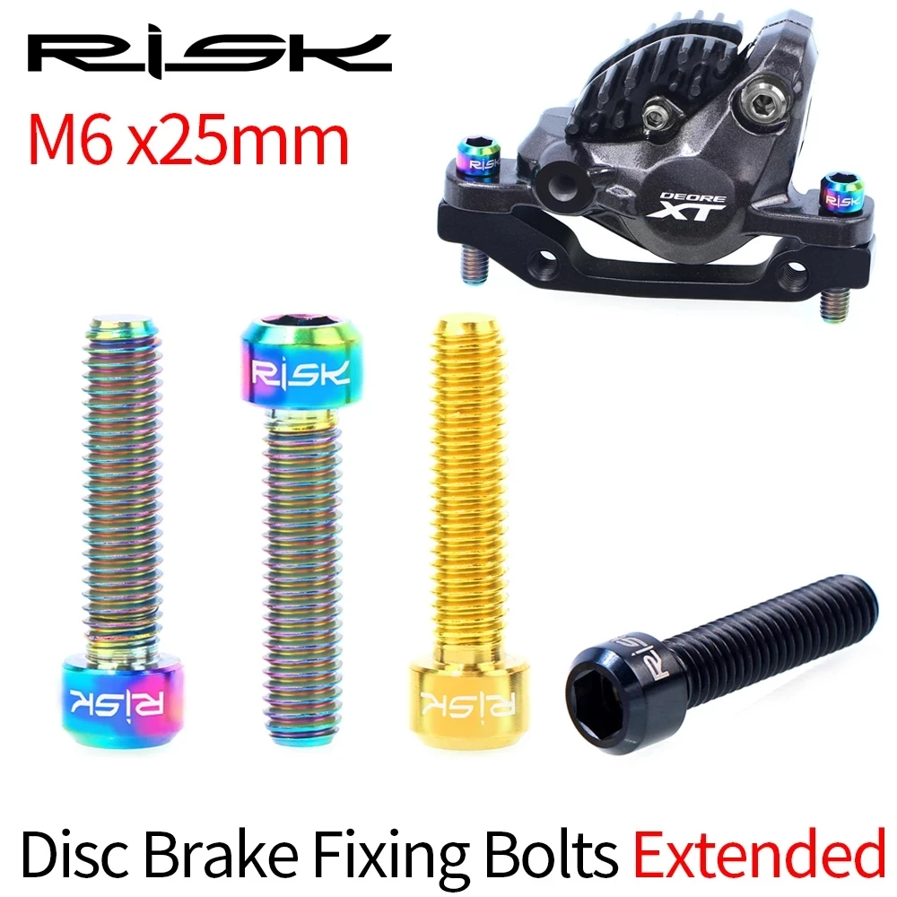 RISK 2pcs M6x25 Bicycle Disc Brake Caliper Bolt Titanium Alloy MTB Mountain Bike Disc Brake Retaining Lengthened Screw