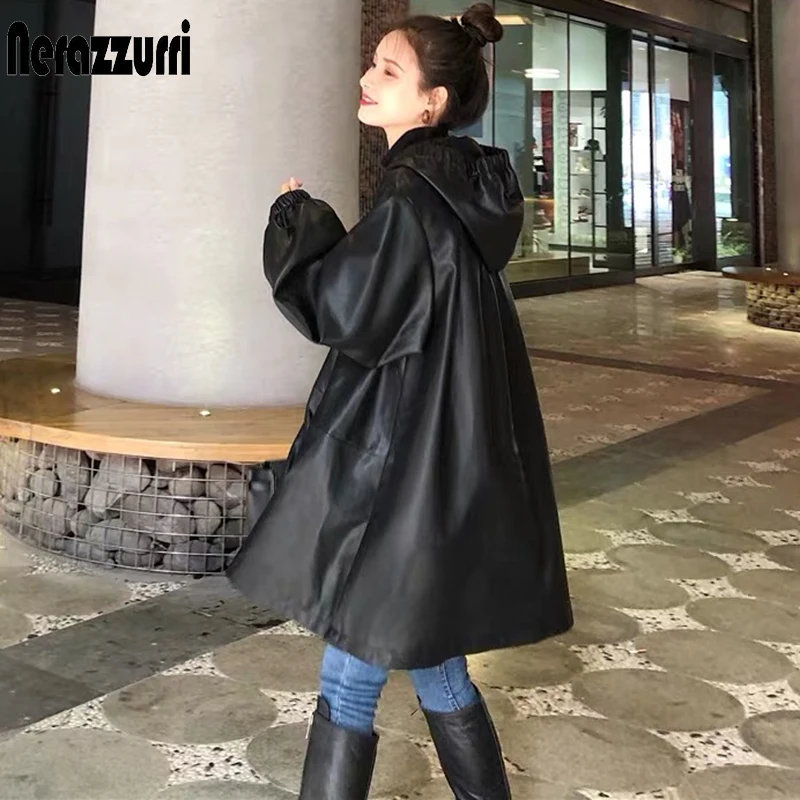 Nerazzurri Autumn Oversized Black Leather Jacket 2021 with Drawstring Hood Long Sleeve Loose Soft Faux Leather Jackets for Women