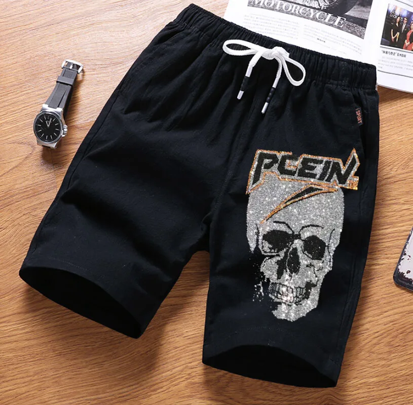 New  Men's Summer Casual Skull Shorts Men Straight  Male Fashion Cotton Beach Short  Hot drill  Plus Size 4XL