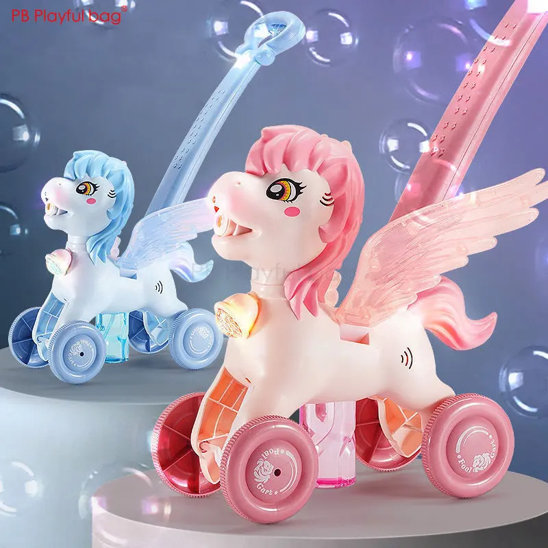 Electric Ponny Bubble handcart Outdoor Children Hand push bubble machine Musical Cartoon pony toys Bubble car  Kid's gifts AC39