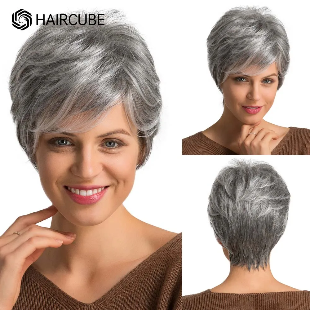 HAIRCUBE Wig Potongan Pixie Perak Abu-abu Campuran Rambut Manusia Berlapis Pendek Wig Sintetis dengan Poni Alami Tahan Panas