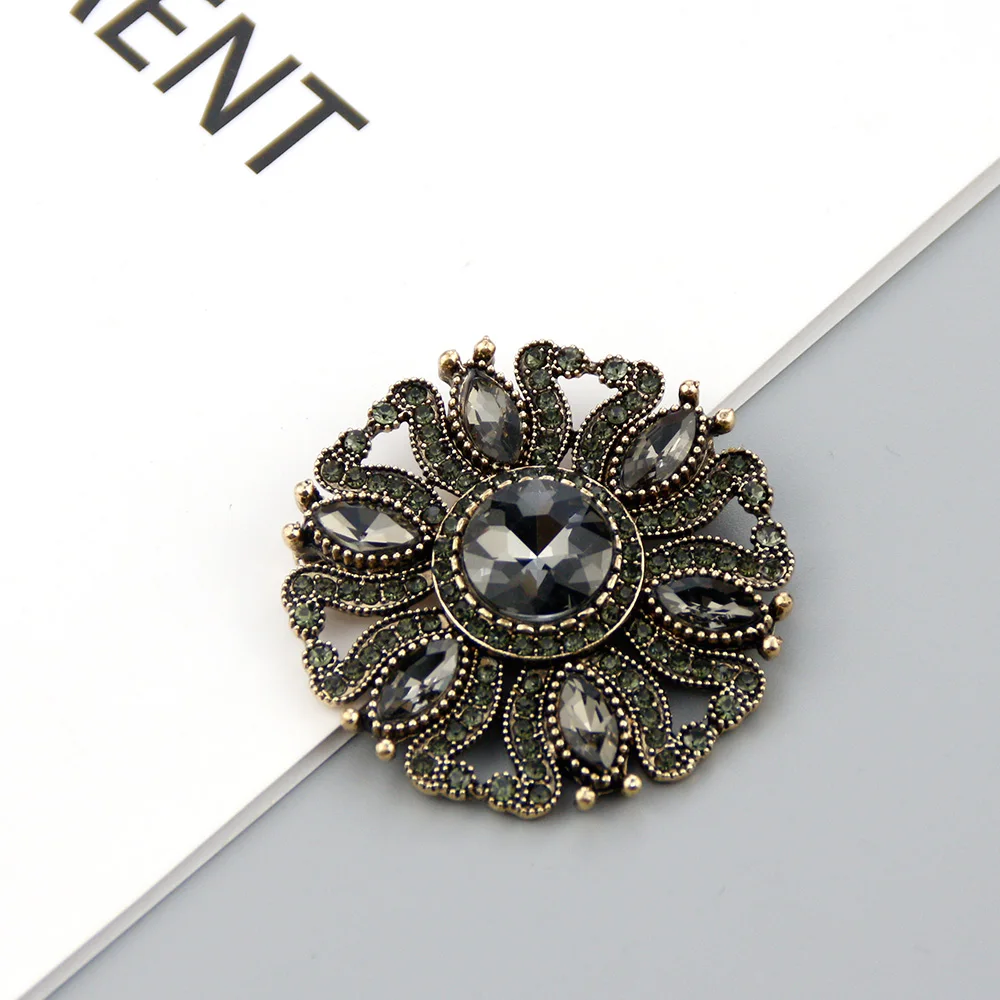 Sunspicems Vintage Gray Crystal Round Bohemia Brooch For Women Turkish Indian Brooches Pin Hijab Lapel Jewelry Retro Gold Color