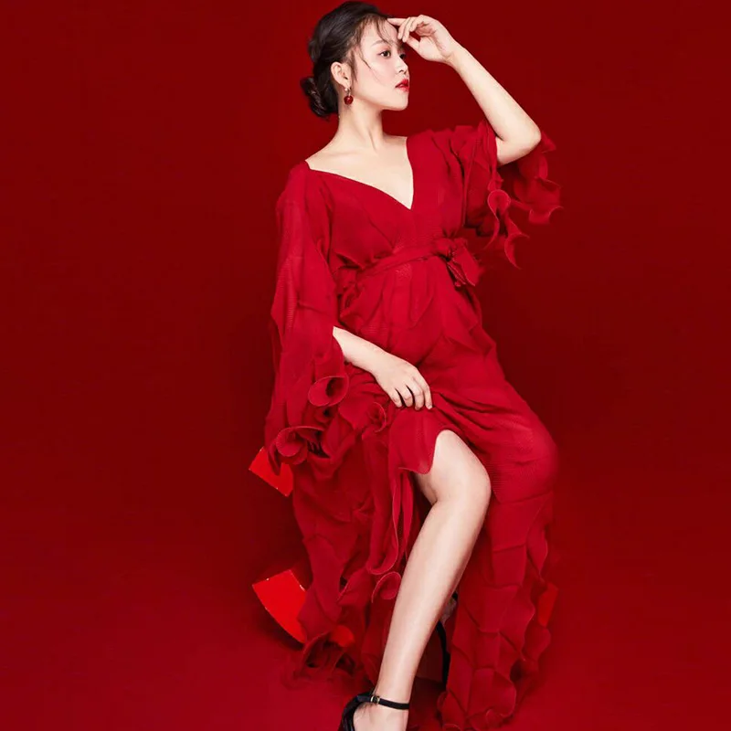 

Women Photography Props Elegant Red V-neck Maternity Dresses Fashion Pregnancy Dress Clothes Studio Shoots Photo Props