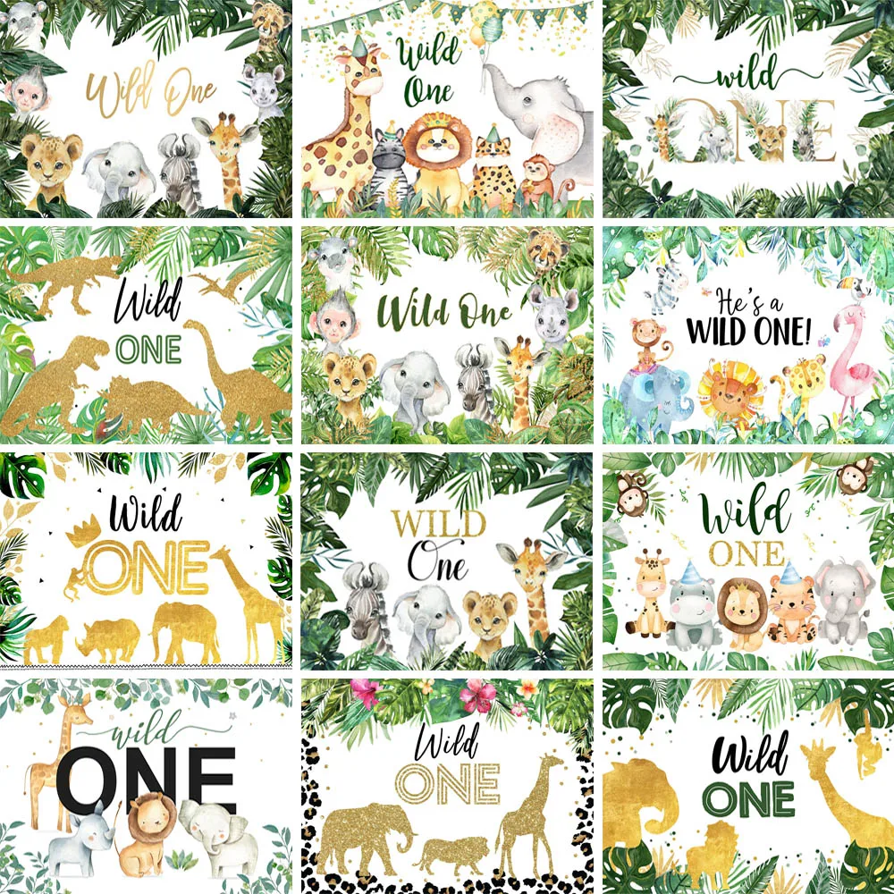 Wild One Newborn 1st Birthday Party Backdrop Tropical Green Leaves Jungle Safari Animals Baby Shower Background Banner Photocall