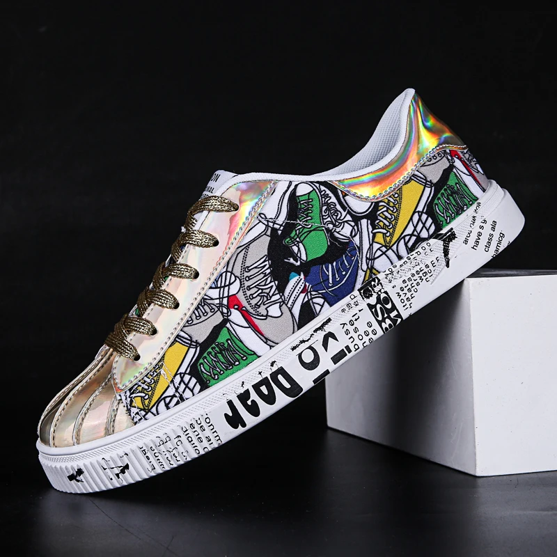 KLYWOO Graffiti Unisex Gold Sneakers For Men Hip Hop Casual Mens Shoes Tennis Big Size46 Men Sports Running Shoes Travel Shoes