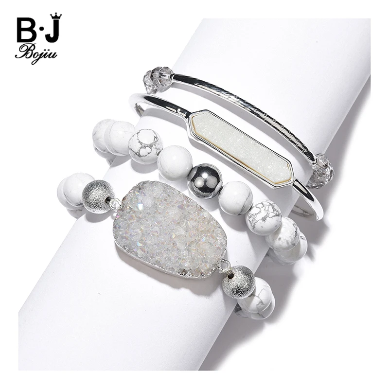 Natural Stone Bracelets Set For Women Chic Quartz Druzy White Howlte Agates Cut Crystal Bead Bracelet Open Cuff Bangles BCSET307