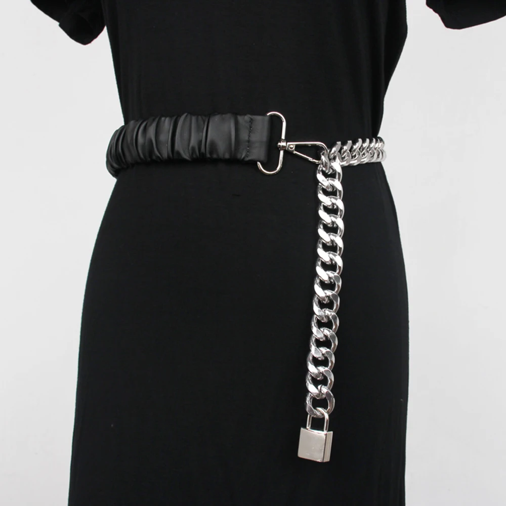 Street shoot fashionable new lockhead belt female chain splicing elastic waist with skirt waist seal joker metal elastic tide