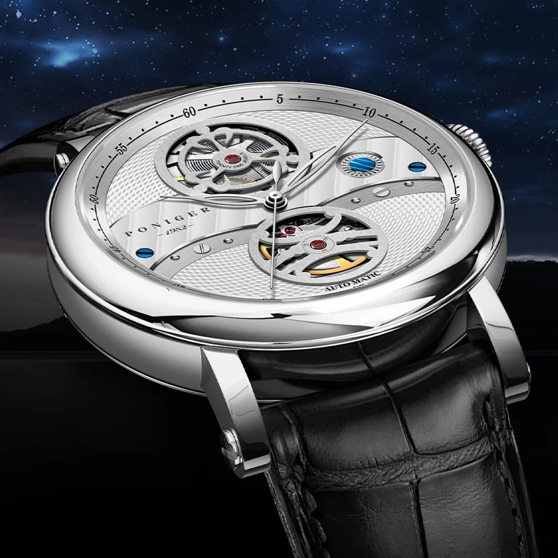 

Мужские автоматические часы PONIGER, мужские роскошные часы, механические наручные часы с автоподзаводом, 50 м, водонепроницаемый сапфировый зеркальный кожаный ремешок