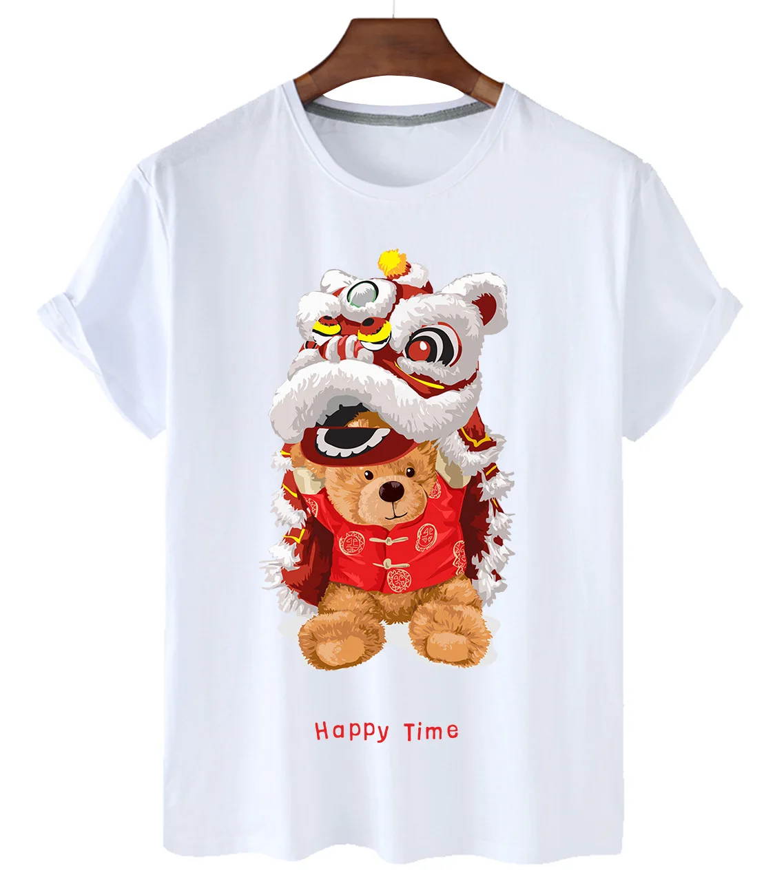 Pure Cotton Chinese Dragon Dance Bear Print Short-sleeved O-neck Loose Casual Top T-shirt Female Oversized T-shirt Couple S-3XL
