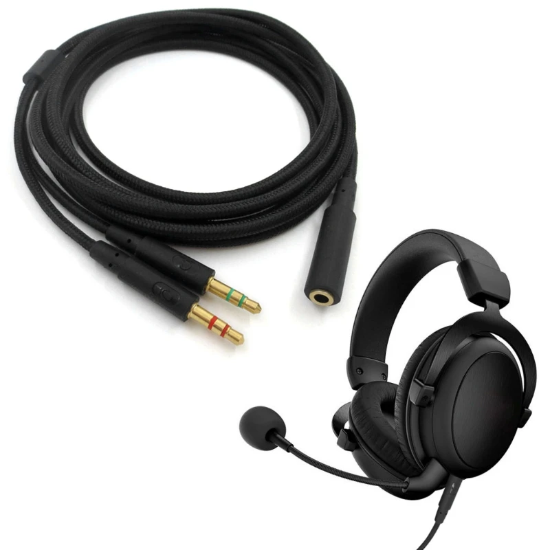 3.5mm Universal 2 in 1 Gaming Headset Audio Extend Cable For HyperX Cloud II/Alpha/Flight/Core Headphone