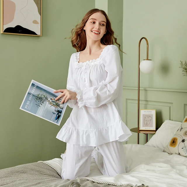 Pure Cotton Pajamas Sets Women White Vintage Lace Square Collar Long Sleeve Sleep Tops Bottoms Bloomers Pants Princess Sleepwear AliExpress