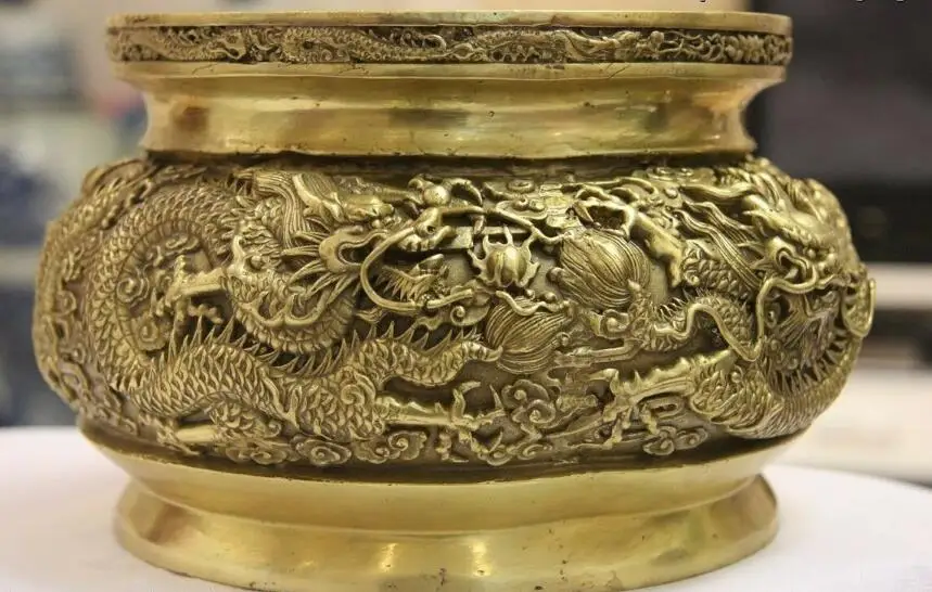 Chinese Feng Shui Brass Copper Nine Dragon Play Bead cornucopia incense burner Censer