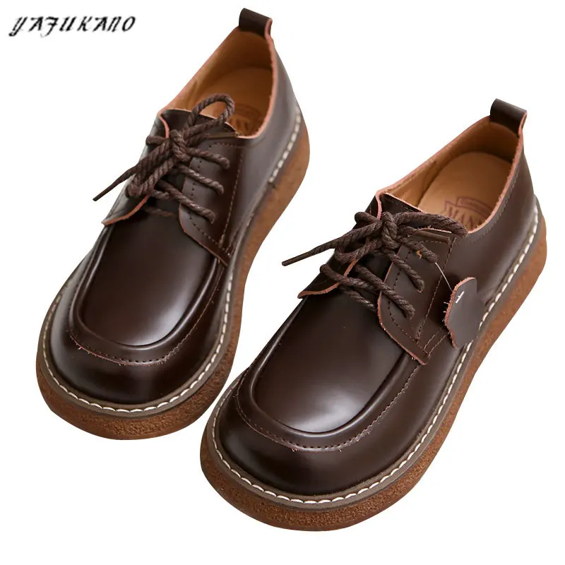 European American Retro British Style Literary Genuine Leather Thick-Sole Lace-Up Handmade Big-Toed Shoes Mori Girl Casual Shoes