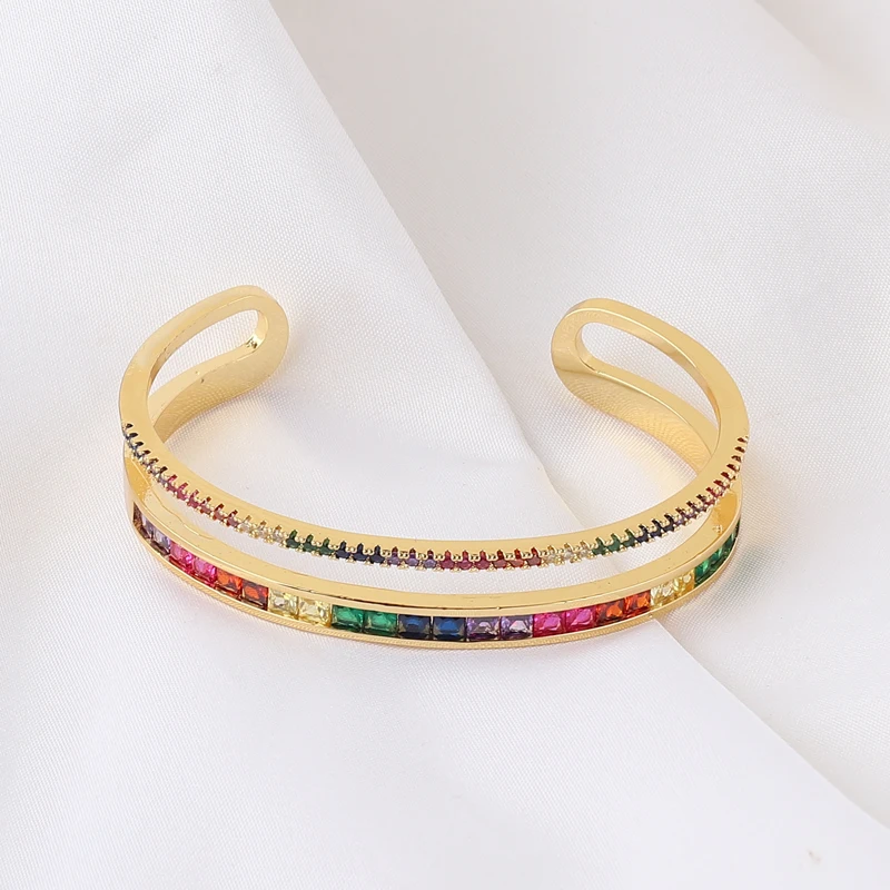 Gold Filled Blue Green Red White Baguette Rainbow Cubic Zirconia Open Cuff Bangle Bracelet Women Fashion Jewelry