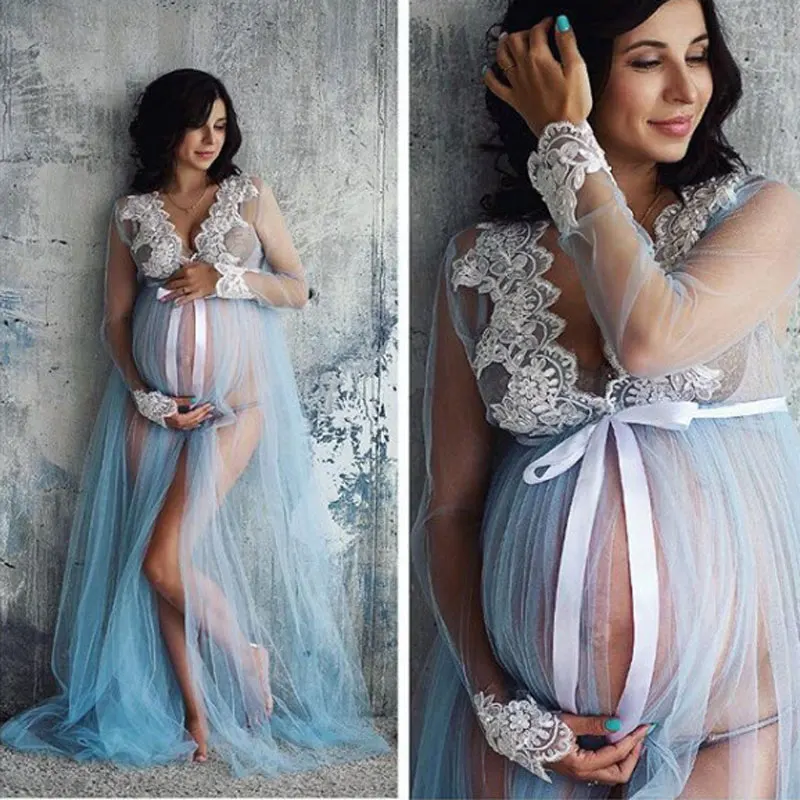 Maternity Dresses for Photo Shoot One-piece Lace Pregnancy Photography Clothes Mopping Dress for Pregnant Front Split Net Yarn