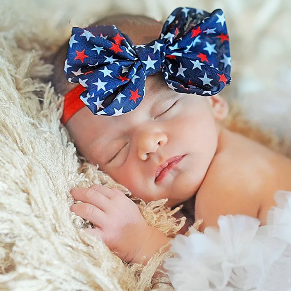 10PCS Child Elastic Headband bowknot red blue color for National Day American Independence Day wholesale