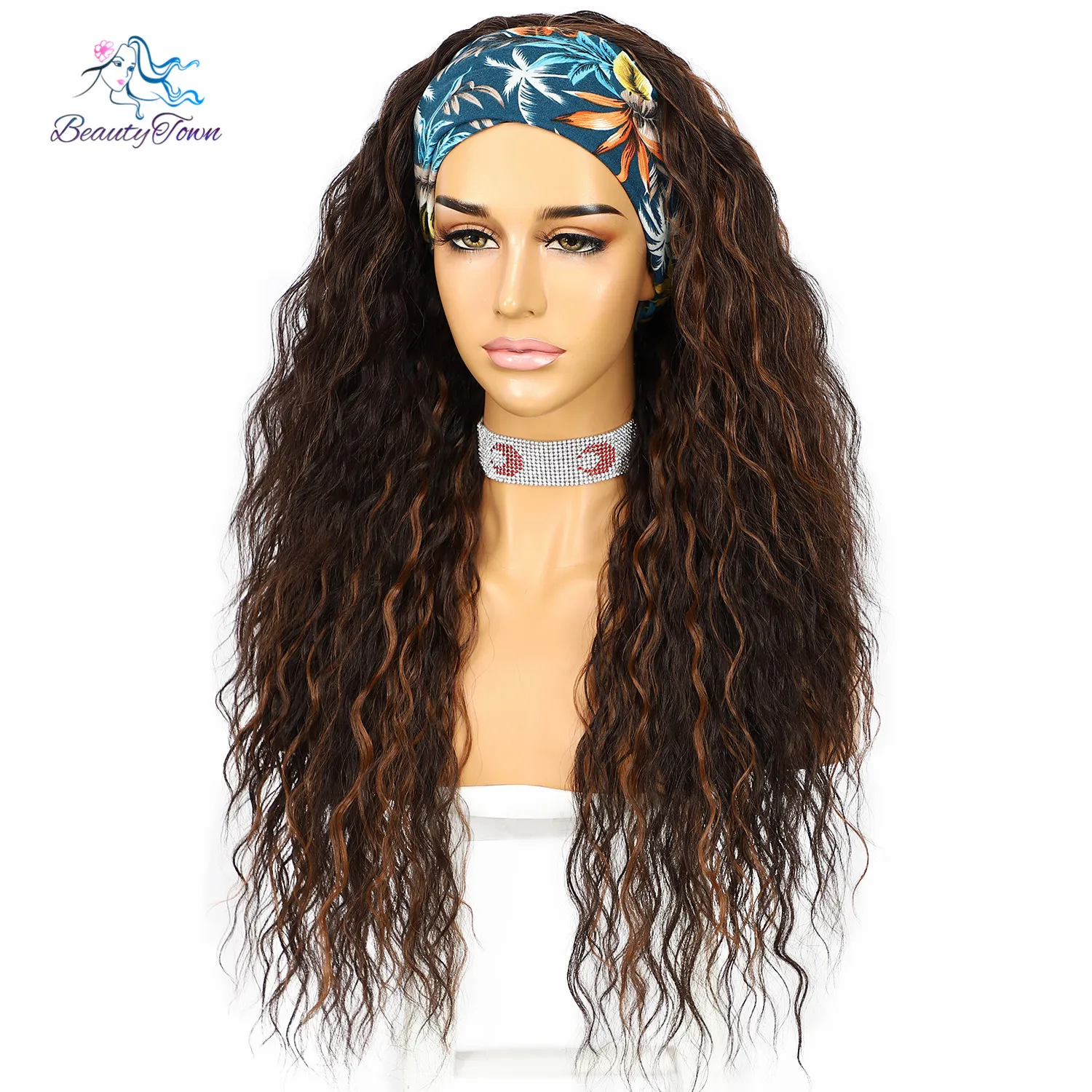 BeautyTown Long Kinky Curly JBrown Headband Full Machine Wig Daily Wedding Party Highlight Wig Ombre Blonde Synthetic Hair Wig