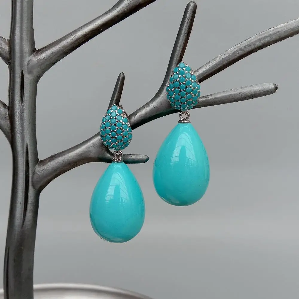 YYGEM 16x23mm Turquoise Blue Sea Shell Teardrop Cz Pave Stud Earrings For Women Fashion Jewelry