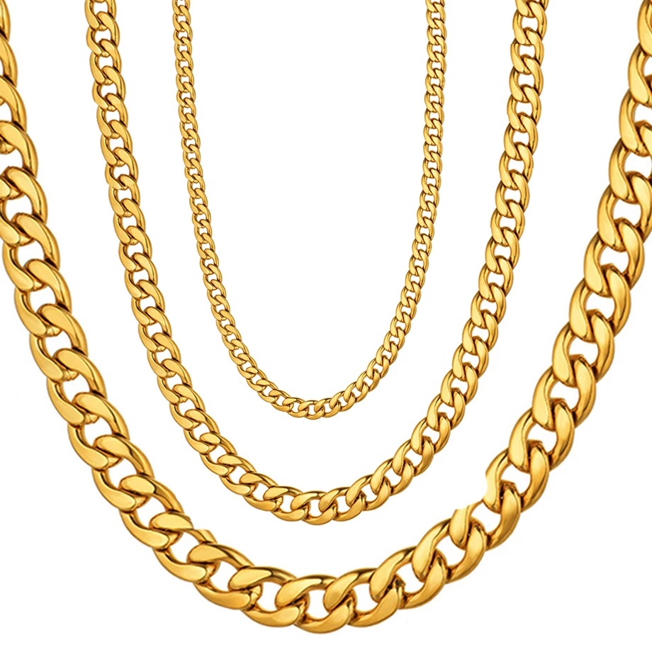 Men\'s 3/7/12mm 316L Stainless Steel Gold Color Miami Cuban Link Necklace Long Male Hip Hop Jewelry Chain Wholesale Dropshipping