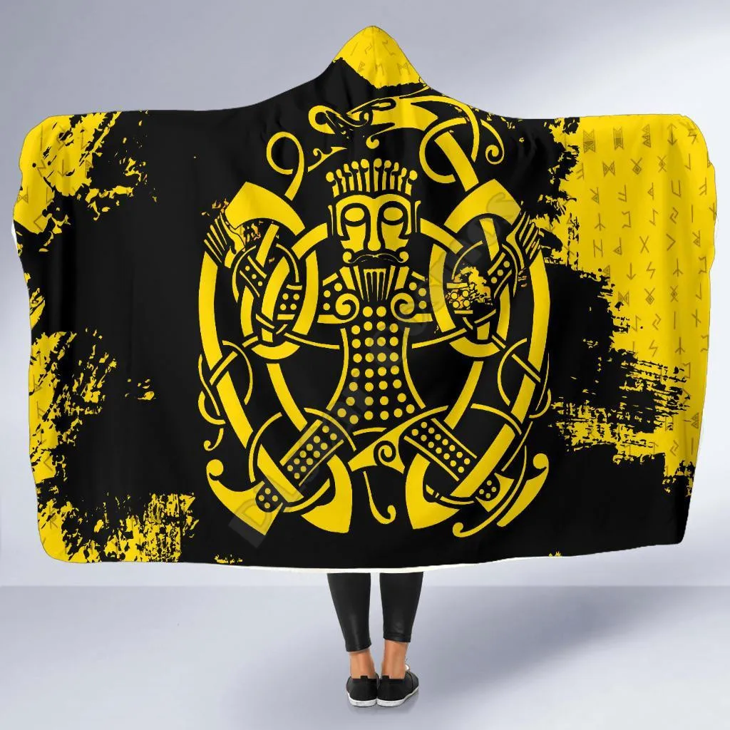 Viking Style Hooded Blanket Loki Bound Triskele Rune Gold 3D Printed Wearable Blanket Adults For Kids Hooded Blanket