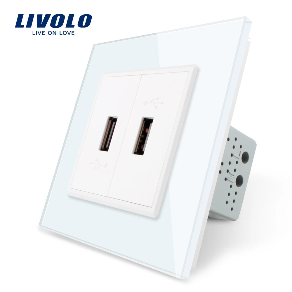 Livolo Pocket Socket , White Crystal Glass Panel, 2 Gang USB Plug Socket / Wall Outlet ,220V~250V,VL-C792U-11/12,Wall Embedded