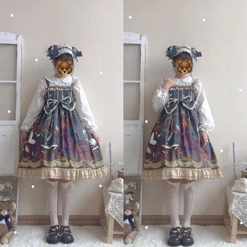 

Princess tea party sweet lolita dress vintage falbala bowknot high waist printing victorian dress kawaii girl gothic lolita jsk