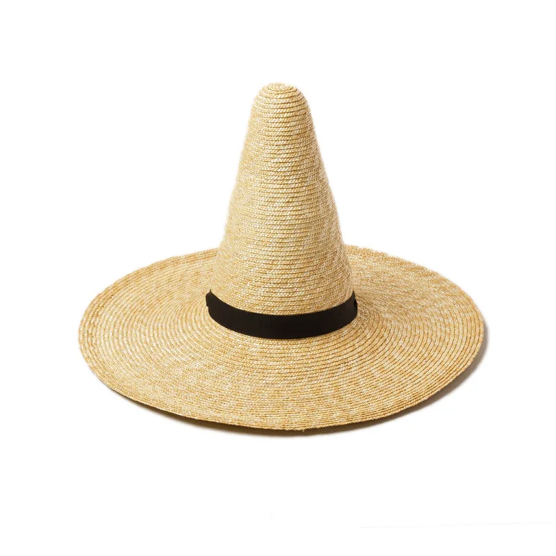 European American Custom Straw Hat Retro Pointed Top Wide Brim Stage Catwalk Designer Hat Magician Hats For Women Black Cape Cap