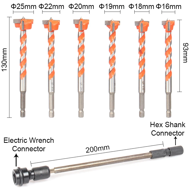 16/18/19/20/22/25mm 9Pcs/Set Hex Shank Woodworking Twist Drill With Extension Rod High Carbon Steel Hole Saw Bit Wood