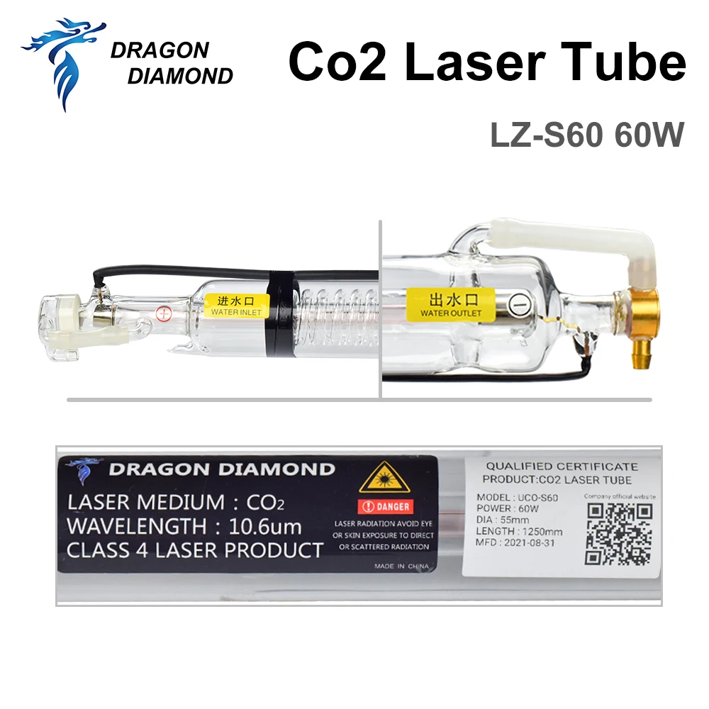 GON DIAMOND-Tube laser CO2 60W, tuyau en verre à tête métallique pour machine laser CO2, longueur 1250mm, diamètre 55mm