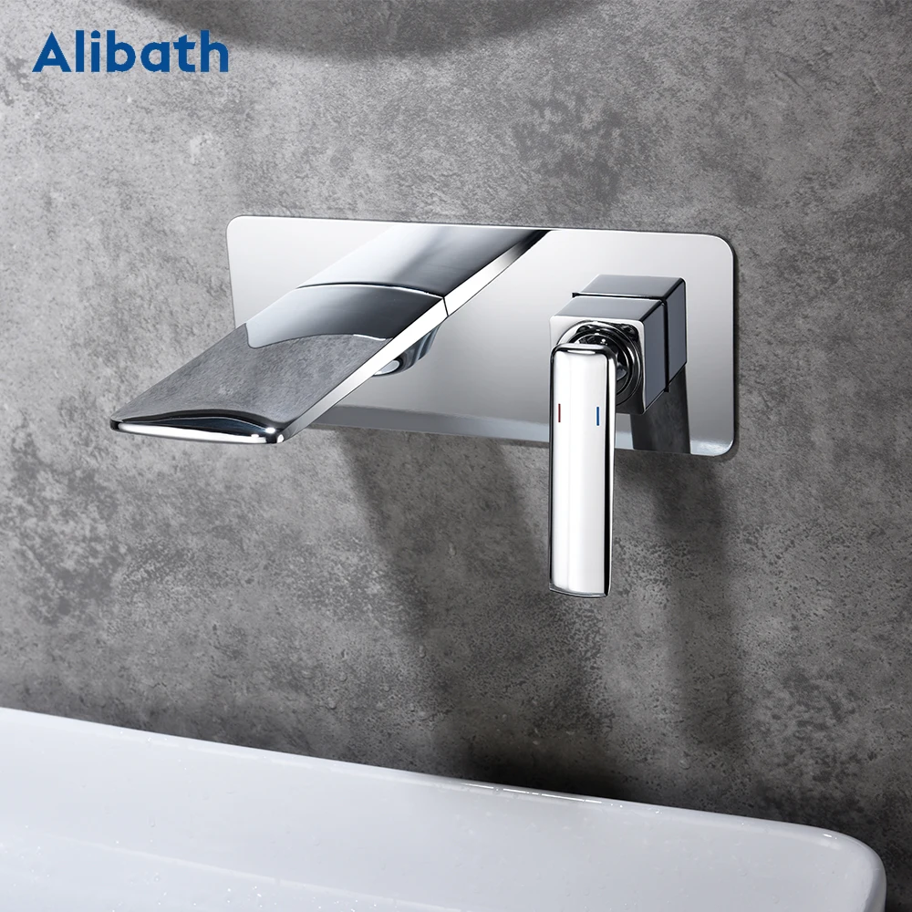 Free shipping Bathroom Basin Sink Faucet Wall Mounted Square Chrome Brass Mixer Tap With Embedded Box.