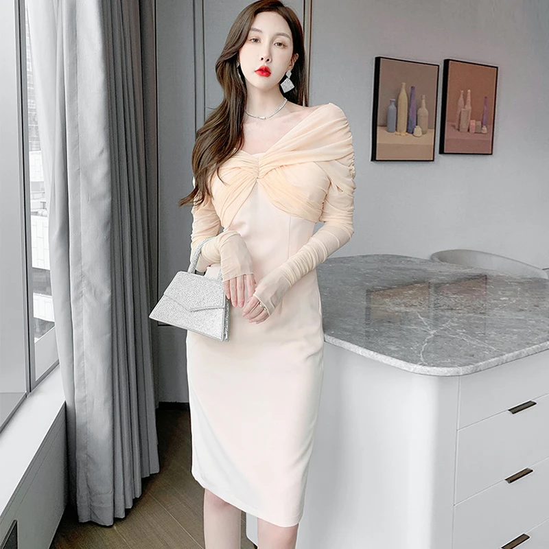 Fashion Korean Women Vintage Sexy V-Neck Long Sleeve Split Midi Party Dress Elegant Coffee Break Mesh Folds Pencil Female Dress