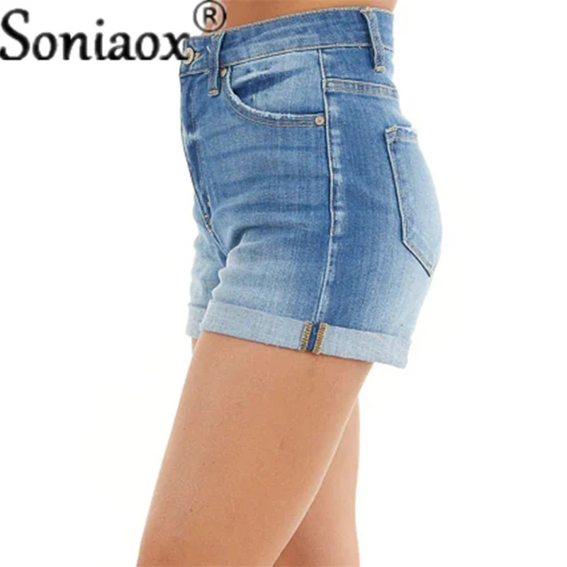 2021 Women's Denim Shorts Vintage High Waisted Blue Crimping Straight Jean Pants Female Casual Summer Ladies Street Jeans Shorts