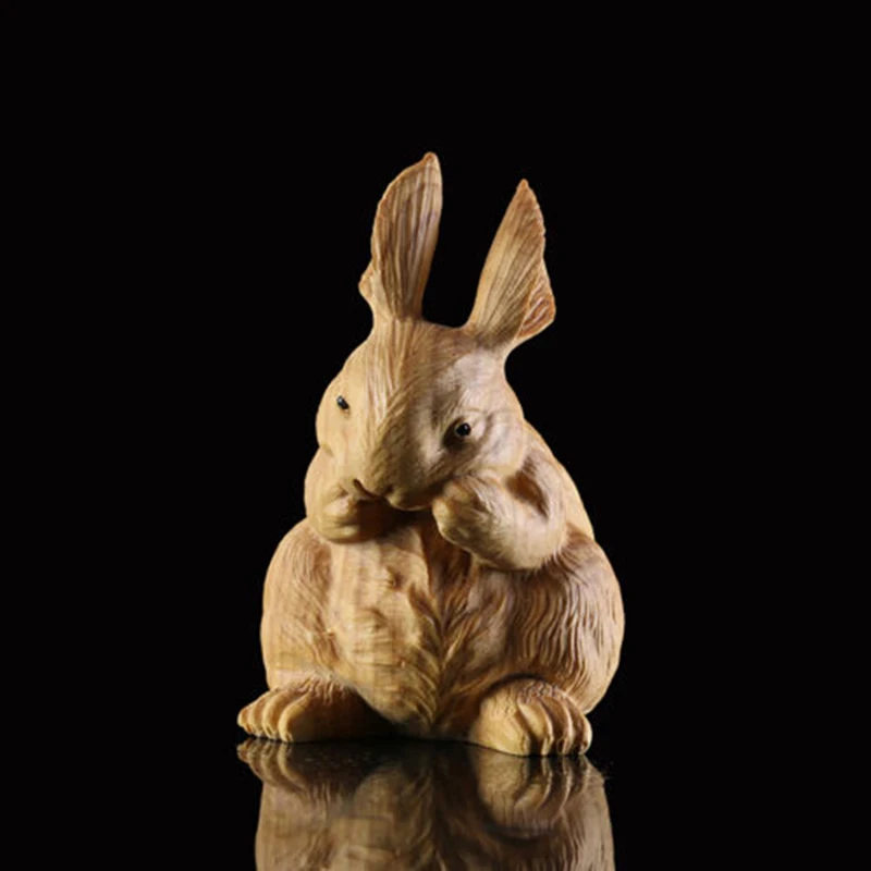 JP092 - 7*4.5*5 CM Carved Boxwood Carving Animal Figurine Lovely Rabbit Sculpture