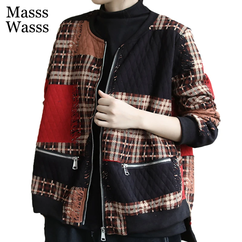 Masss Wasss Chinese Spring Fashion Clothing Womens Casual Printed Plaid Jackets Ladies Vintage Warm Coats Punk Style Streetwear