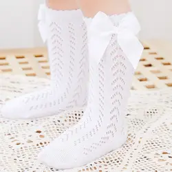 Cute Girls Knee High Socks Bows Cotton Breathable Soft Children Sokken Hollow Out Non-slip Newborn Infant Long Sock