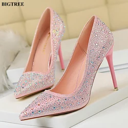 BIGTREE Shoes 7/10cm High Heels Rhinestones Women Pumps Black Pink Fashion Pointed Toe Crystal Wedding Female Party Shoes Autumn