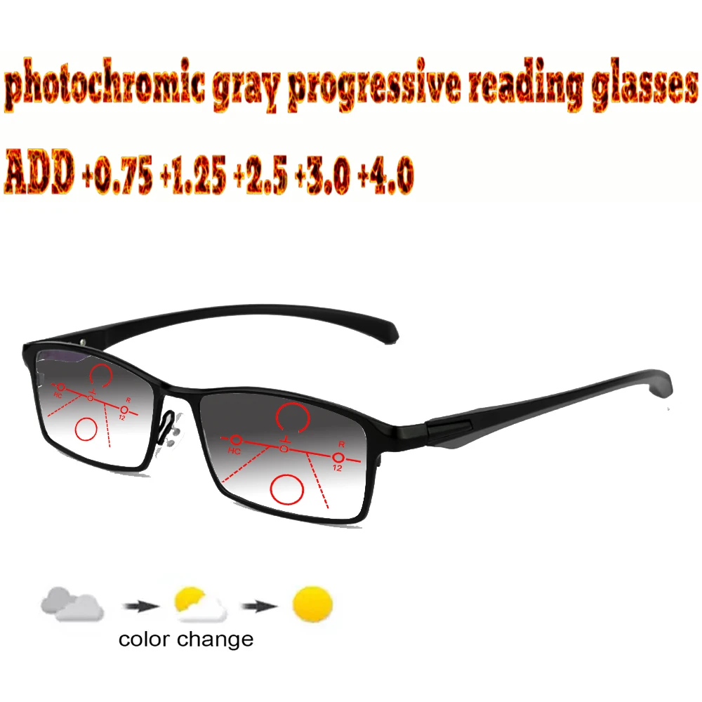 

Photochromic Progressive Multifocal Reading Glasses Business Men Full Frame Comfort TR90 +1.0 +1.5 +1.75 +2.0 +2.5 +3 +3.5 +4